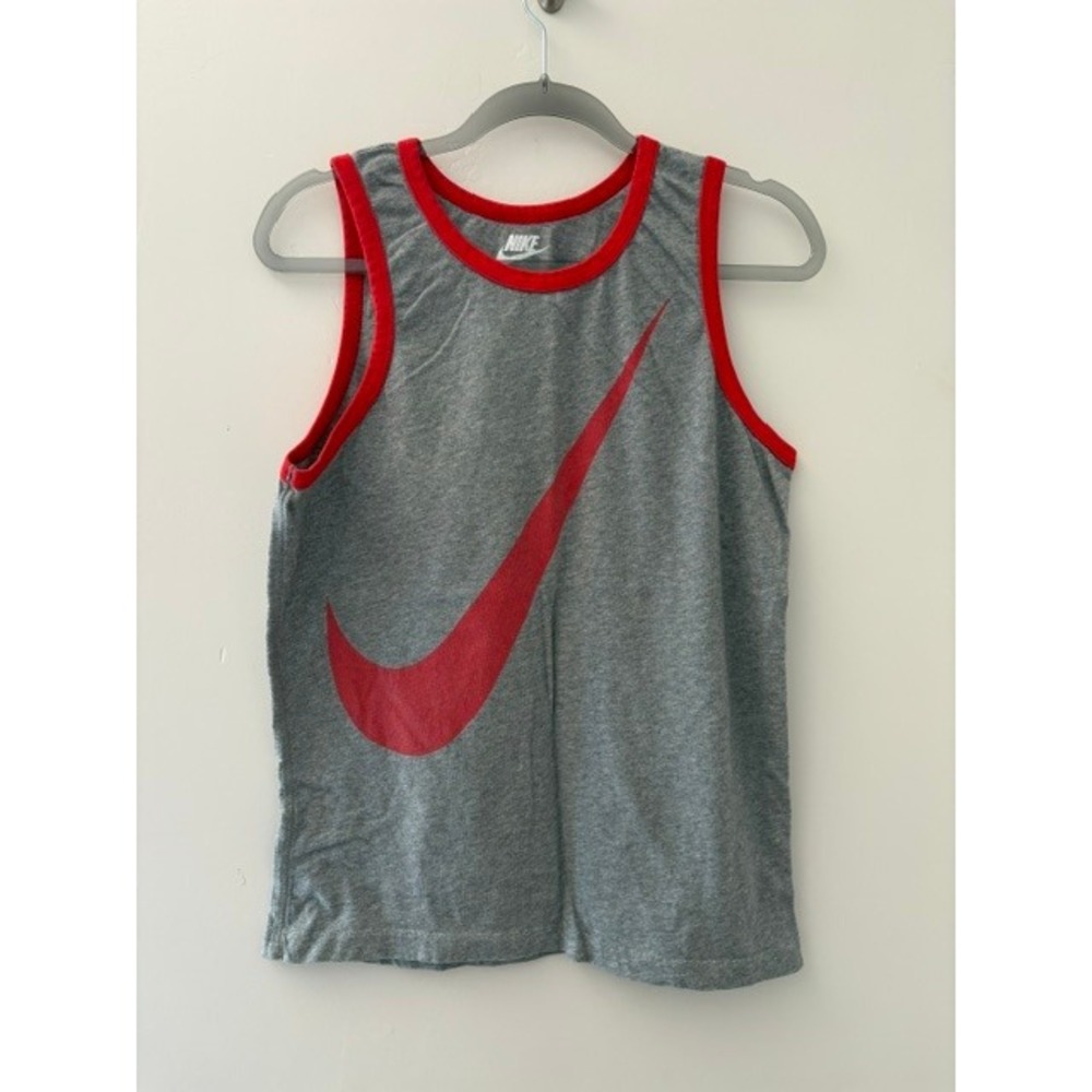 Nike Mens Regular Fit Tank Top Heather Gray Red Swoosh Logo Size Medium
